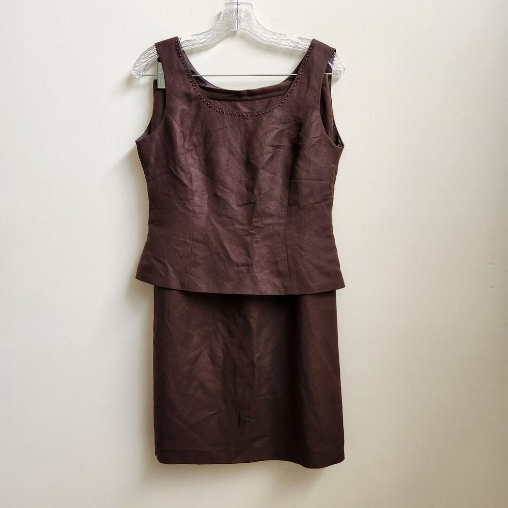Kasper Skirt & Top Set Women 8P Brown Linen Blend 2 Pc Midi Skirt Sleeveless Top